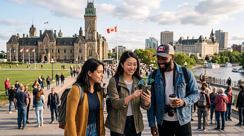 Tourists using mobile internet in Ottawa with smartphone and Parliament Hill in Canada