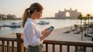 Tourist using mobile internet on Palm Jumeirah in Dubai with smartphone and UAE eSIM near luxury resorts.