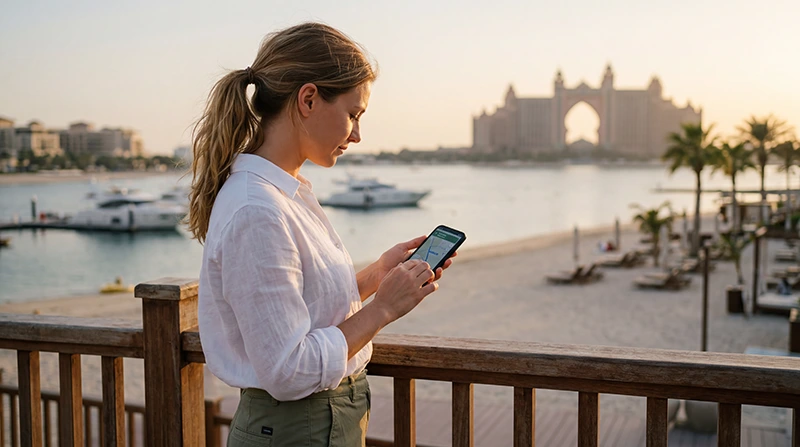 Tourist using mobile internet on Palm Jumeirah in Dubai with smartphone and UAE eSIM near luxury resorts.
