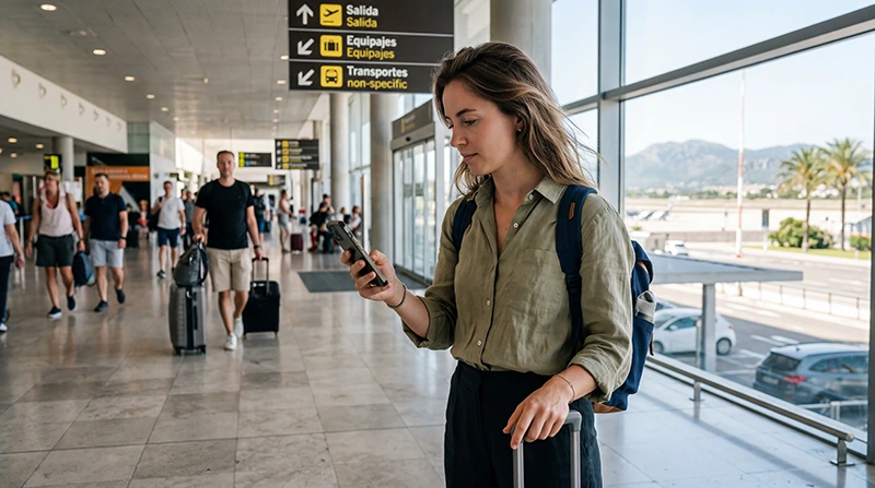 Traveler using mobile internet after arriving at Palma de Mallorca Airport
