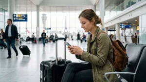 Traveler using France eSIM and mobile internet after arriving at Paris Airport