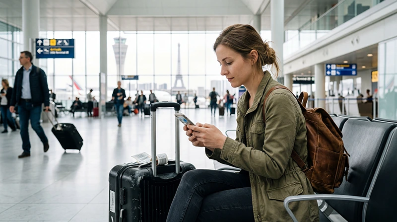 Traveler using France eSIM and mobile internet after arriving at Paris Airport