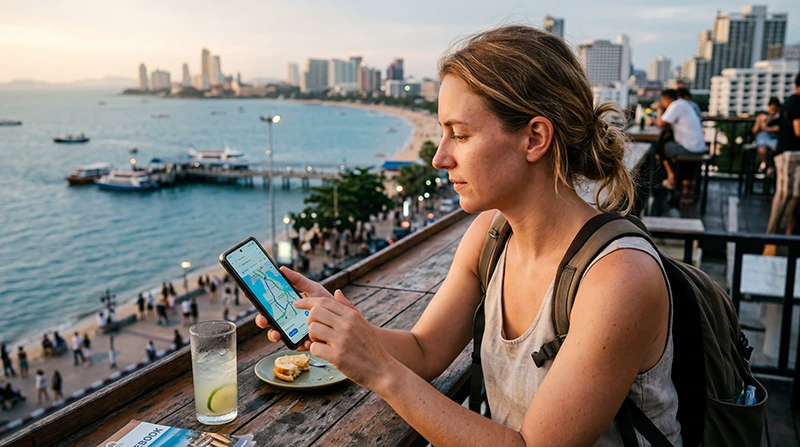 Tourist using mobile internet in Pattaya with a Thailand eSIM for maps, hotel bookings, beach travel, and nightlife apps.