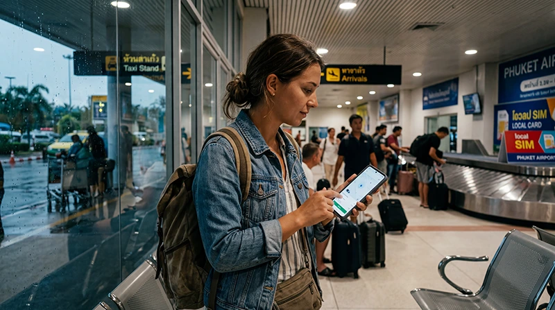 Traveler using mobile internet at Phuket airport with a Thailand eSIM for maps, ride-hailing apps, hotel bookings, and island travel planning.