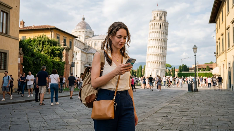 Tourist using mobile internet while exploring Pisa in Italy