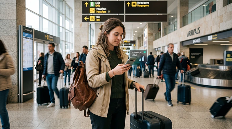 Traveler using mobile internet and eSIM at Porto Airport