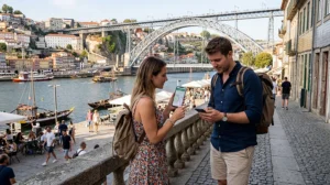 Tourists using mobile internet and Portugal eSIM while exploring Porto attractions