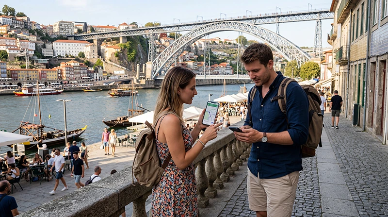 Tourists using mobile internet and Portugal eSIM while exploring Porto attractions
