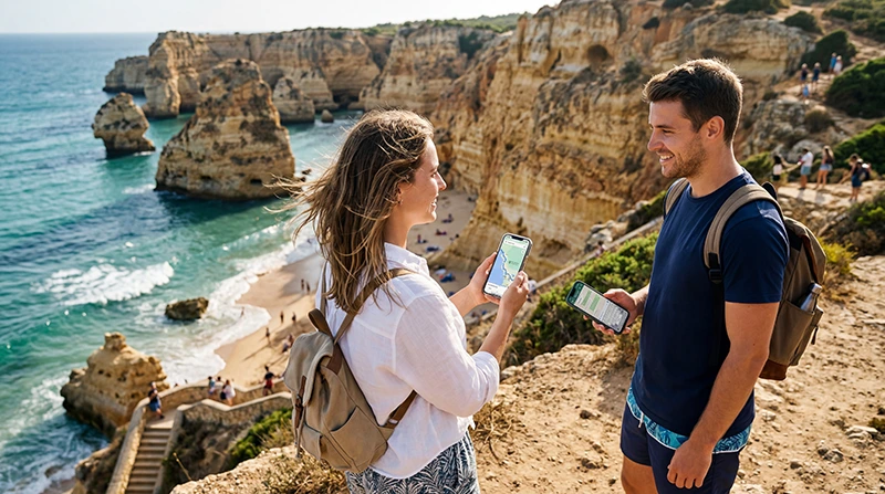 Tourists using Portugal eSIM and mobile internet while relaxing on Portugal beaches