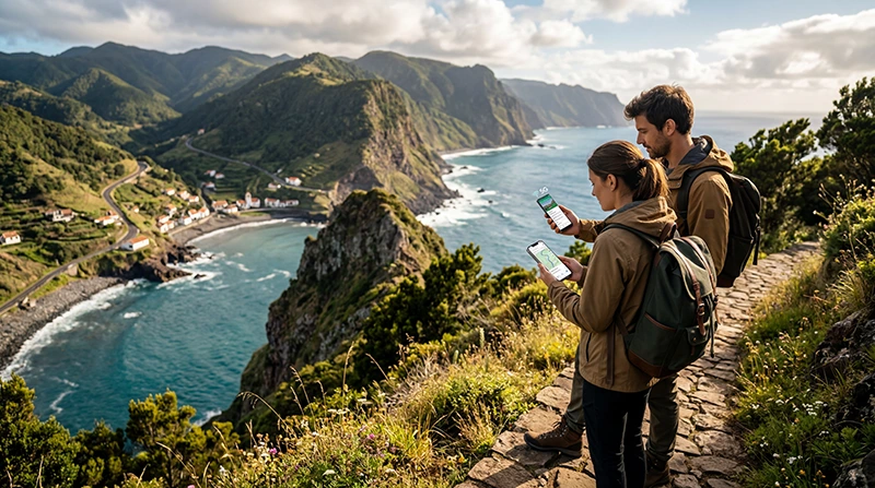 Tourists using mobile internet and Portugal eSIM while exploring Portuguese islands