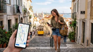 Tourist using mobile internet and eSIM while traveling in Portugal