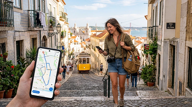 Tourist using mobile internet and eSIM while traveling in Portugal