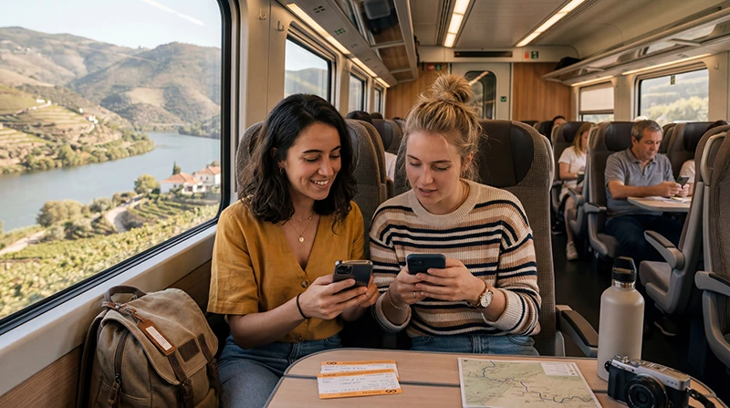 Traveler using Portugal eSIM and mobile internet while traveling by train in Portugal