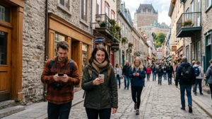 Tourists using mobile internet in Quebec City with smartphone and Old Quebec streets in Canada