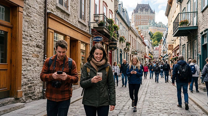 Tourists using mobile internet in Quebec City with smartphone and Old Quebec streets in Canada
