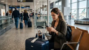 Traveler using mobile internet at Rome Airport after arriving in Italy