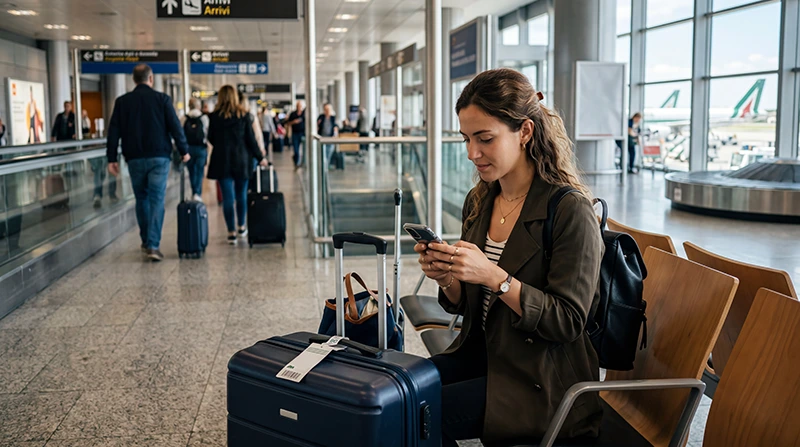 Traveler using mobile internet at Rome Airport after arriving in Italy
