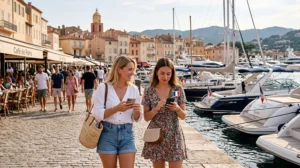 Tourists using mobile internet and France eSIM while exploring Saint-Tropez