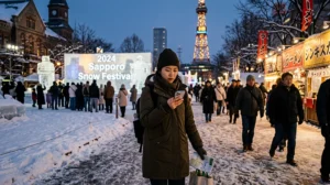 Tourists using mobile internet and navigation apps while exploring Sapporo in Hokkaido, Japan.