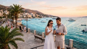 Tourists using mobile internet and eSIM connectivity while traveling in Sarandë, Albania.
