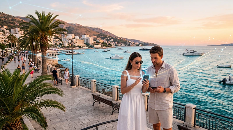 Tourists using mobile internet and eSIM connectivity while traveling in Sarandë, Albania.