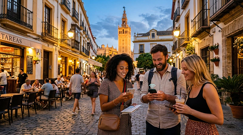 Tourists using mobile internet and eSIM in Seville