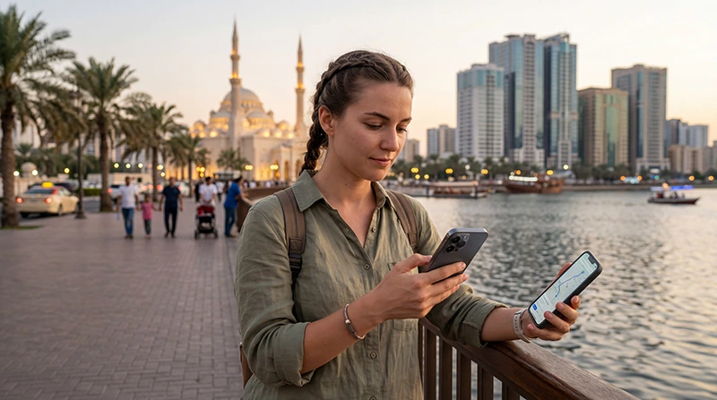 Tourist using mobile internet in Sharjah with smartphone and UAE eSIM near the waterfront and city skyline.