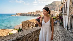 Tourist using mobile internet while traveling in Sicily Italy