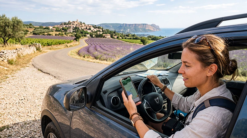 Cinematic realistic traveler using smartphone mobile internet during a South France road trip, France eSIM travel concept, rental car on scenic Provence road, French Riviera coastline, lavender fields, Mediterranean villages, Google Maps navigation, WhatsApp travel communication, fuel and parking planning, premium European summer road trip atmosphere, natural daylight, ultra detailed photography, no text, no logos