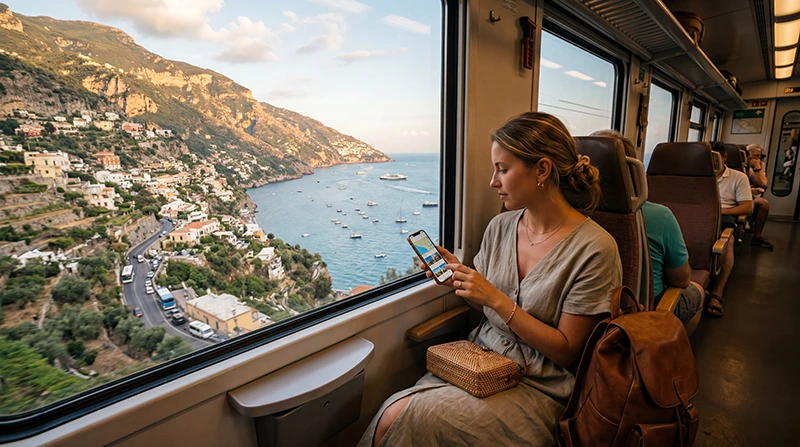Traveler using mobile internet while traveling through Southern Italy