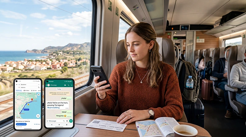 Traveler using mobile internet and eSIM on trains in Spain