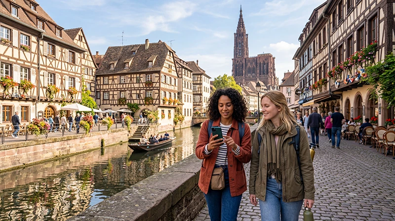 Tourists using mobile internet and France eSIM while exploring Strasbourg