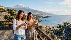 Tourists using mobile internet and eSIM in Tenerife