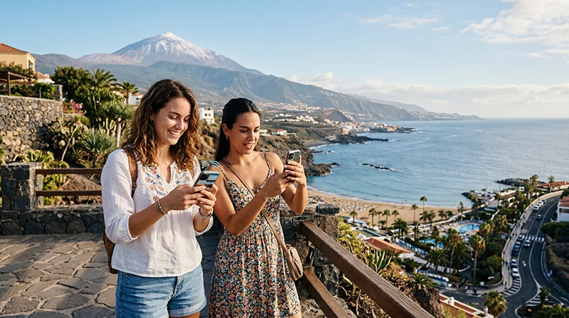 Tourists using mobile internet and eSIM in Tenerife