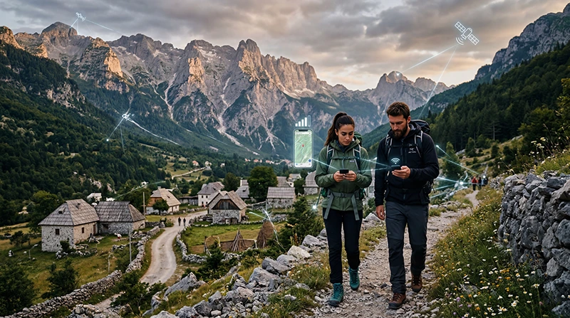 Tourists and hikers using mobile internet and eSIM connectivity in Theth, Albania.