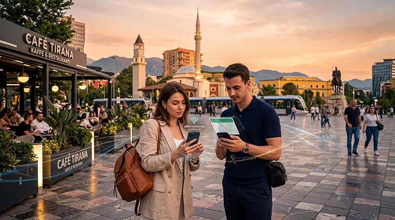Tourists using mobile internet and eSIM connectivity while traveling in Tirana, Albania.