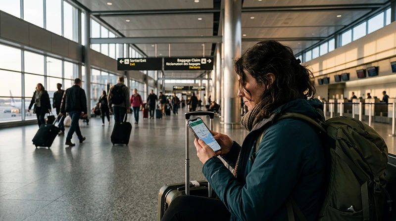 Traveler using mobile internet and eSIM connectivity at Toronto Pearson Airport.