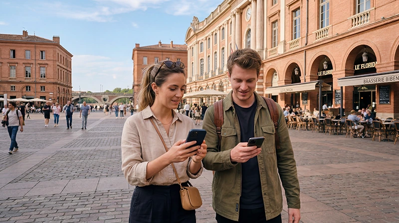 Tourists using mobile internet and France eSIM while exploring Toulouse