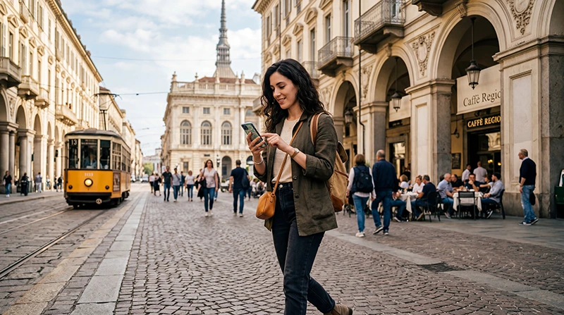 Tourist using mobile internet while exploring Turin in Italy