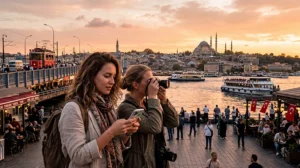 Tourists using mobile internet and eSIM connectivity while traveling in Turkey.