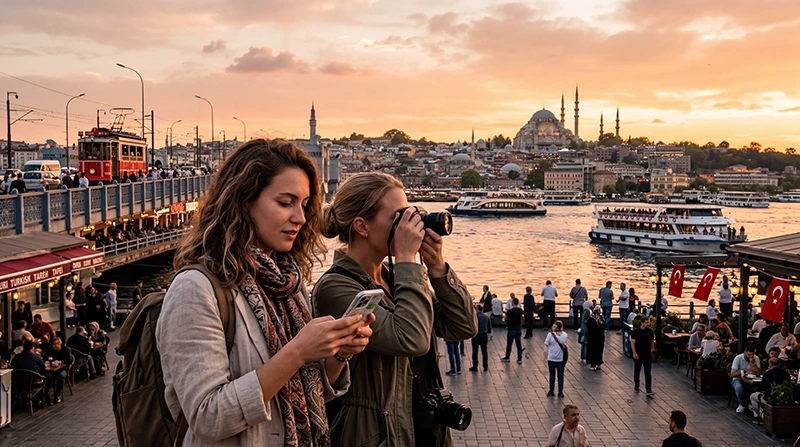 Tourists using mobile internet and eSIM connectivity while traveling in Turkey.