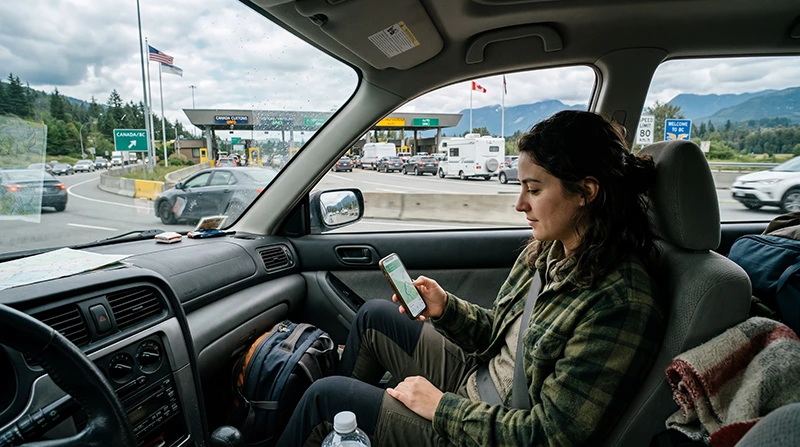 Traveler using mobile internet while crossing from the USA to Canada with smartphone and border travel scenery