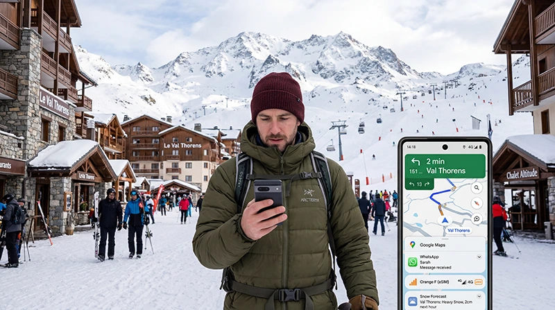 Tourist using France eSIM and mobile internet in Val Thorens ski resort
