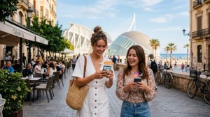 Tourists using mobile internet and eSIM in Valencia