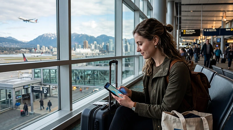 Traveler using mobile internet at Vancouver International Airport with Vancouver skyline and mountains in the background