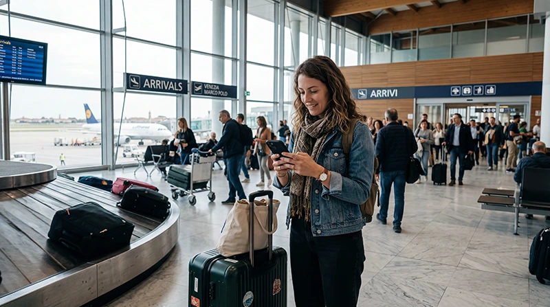 Traveler using mobile internet at Venice Airport after arriving in Italy