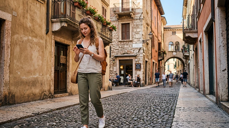 Tourist using mobile internet while exploring Verona in Italy