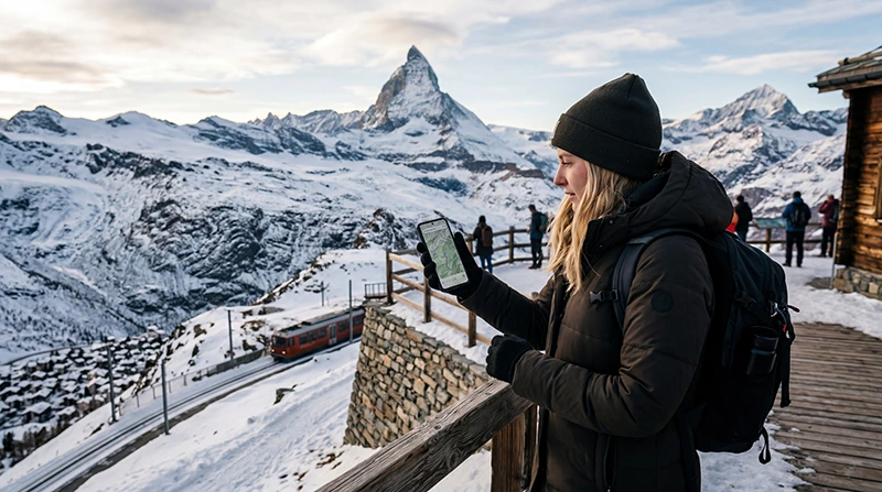 Tourist using mobile internet and eSIM connectivity while exploring Zermatt in Switzerland.