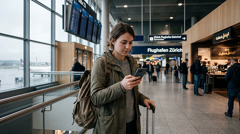 Traveler using mobile internet and eSIM connectivity at Zurich Airport in Switzerland.