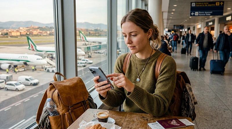 Traveler using an iPhone with Italy eSIM mobile internet
